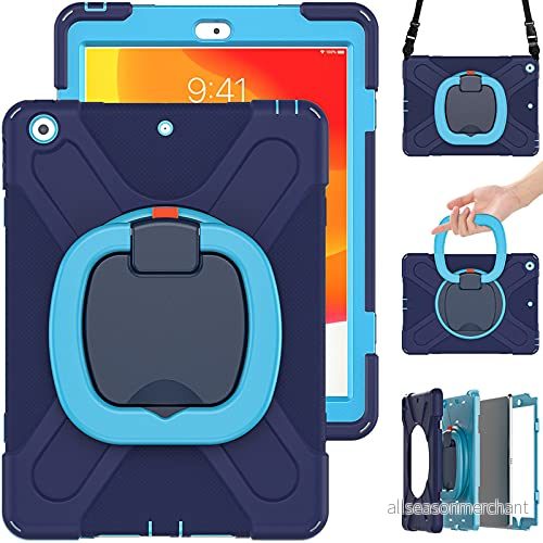 Commute Case för iPad6/Air2, tungt stabilt stötsäkert barnfodral med skärmskydd 3 i 1 stötsäker stötfångare 360 ringhållare, stativ, bärrem (marinblå blå) 755985020436