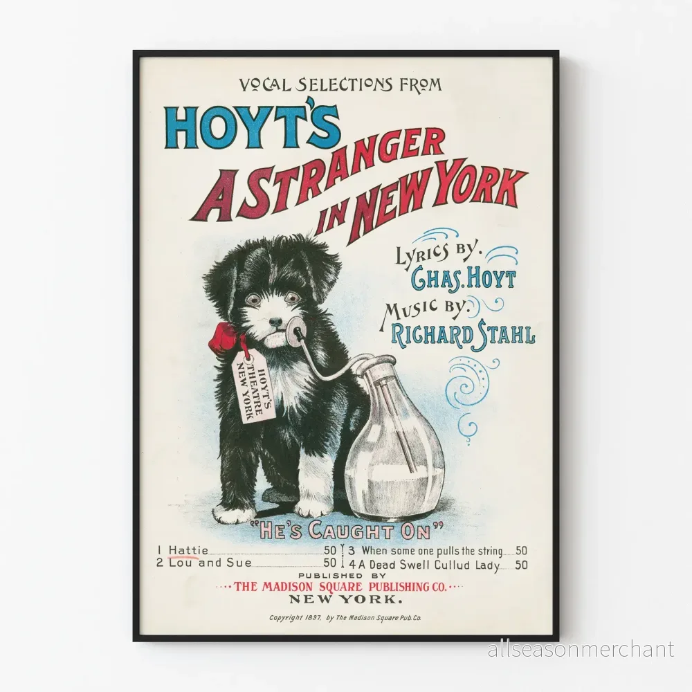Vintageposter A Stranger in New York med svartvit valp