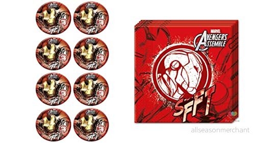 ALMACENESADAN, 5112 födelsedagspaket, 8 pack papptallrikar 23 cm och förpackning med 20 pappersservetter 33 x (Iron Marn, avengers) 8435510351120