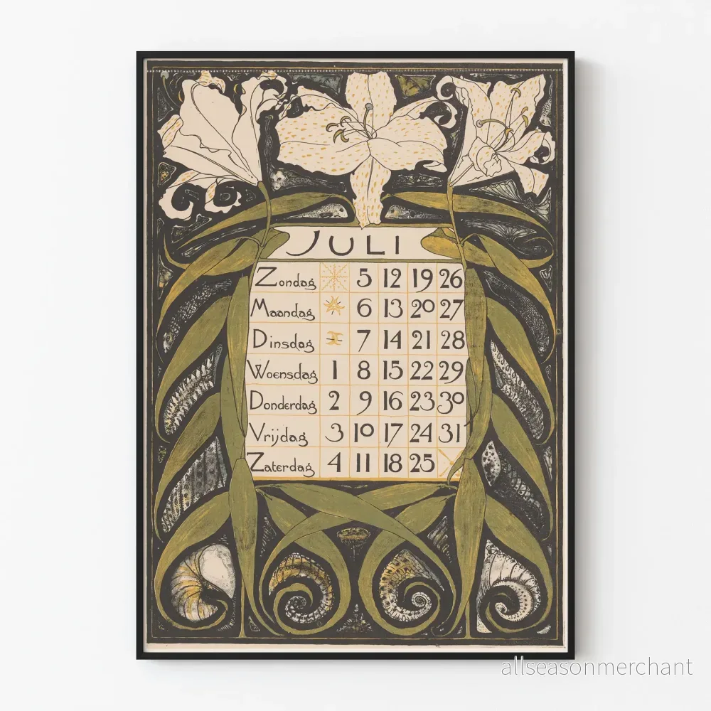 Väggkalenderposter för juli 1896 i Art Nouveau-stil