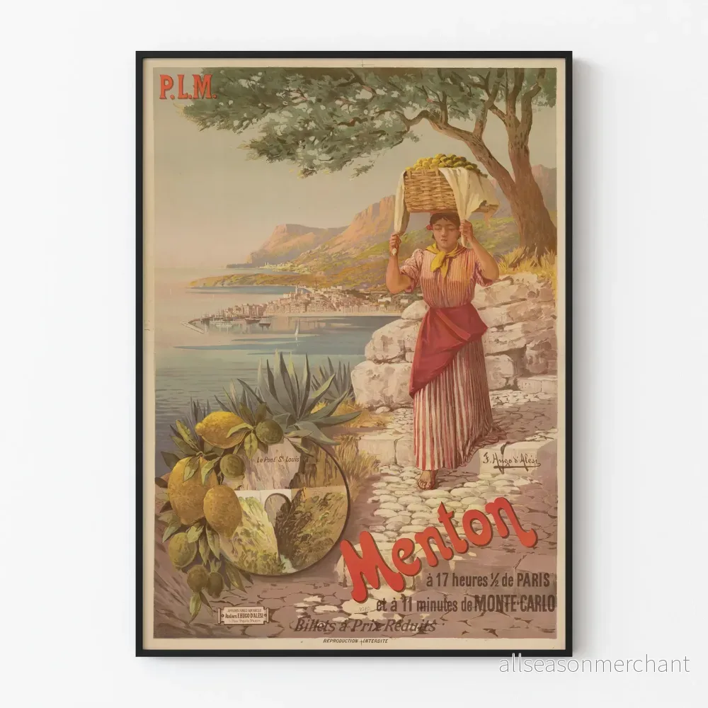 Vintageaffisch Menton P.L.M. för väggdekoration