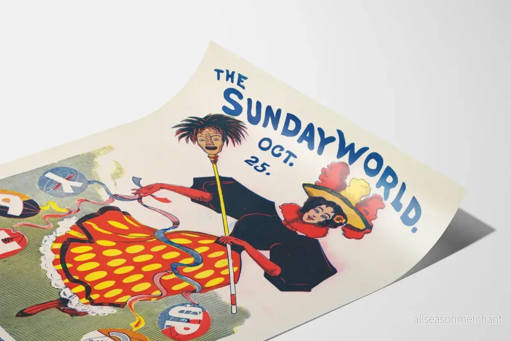 Vintageposter The Sunday World med kvinna i färgglad klänning och fotbolls-mönster - Bild 3