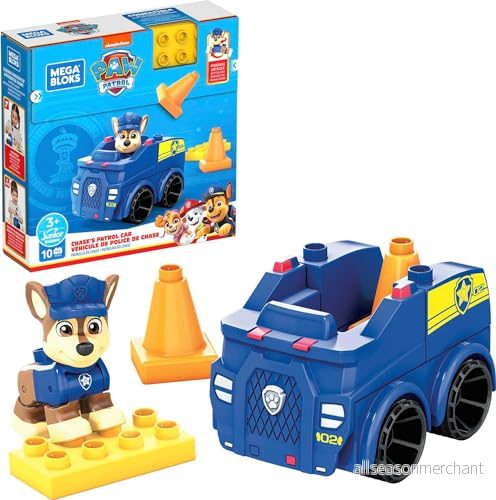 Mega HDJ33 Bloks PAW Patrol polisbilssats, 10 byggklossar och specialdelar med 1 förföljande figur, pylonkägel rullande hjulbas, leksakspresent för 3 5 år 194735024315