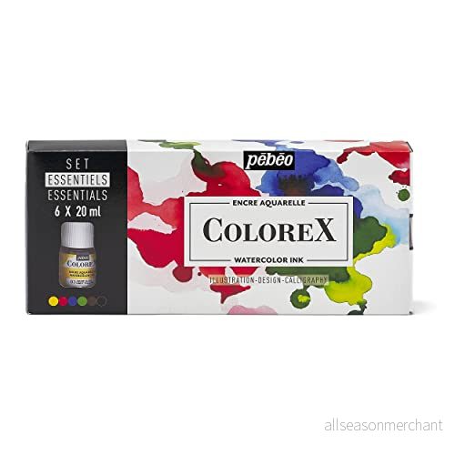 Pebeo Colorex box 6 flaskor 20 ml blandade manga och illustrationssats akvarellbläck ljusgul, turkisk röd, ytterblå, vårgrön, sepia, elfenbenssvart 3167864174029