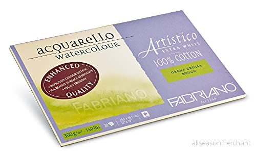 Fabriano Artistico Acquarello Watercolour, extra vit, grovkorn, 31 x 41 cm, 20 ark 300 g/m², högkvalitativ konstnär akvarellkartong, block limmad på 4 sidor, vegansk 8001348210221