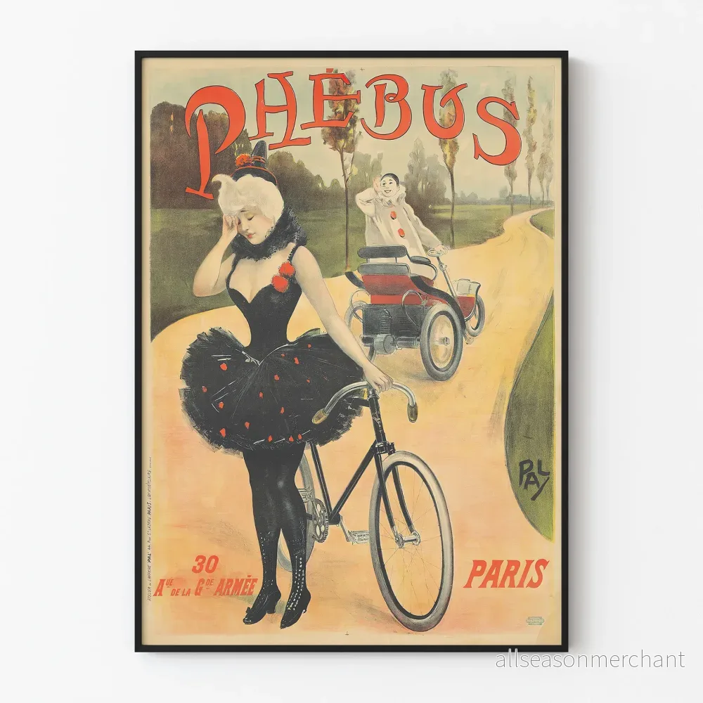 Vintageposter Phebus Paris Cykel och Clown på gammal bil