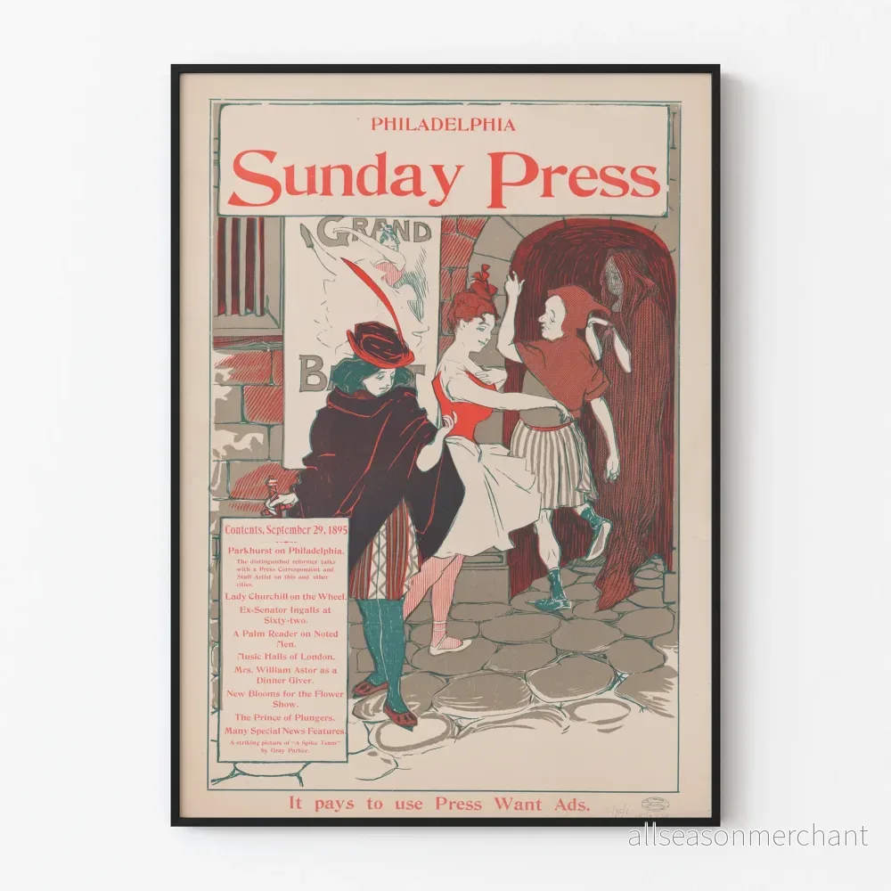 Vintageposter Philadelphia Sunday Press 1895 dekorativ