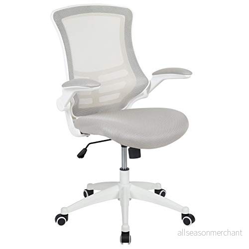Flash Furniture Mid Back svängbar ergonomisk uppgift kontorsstol med flip up armar, skum metallplast konstruerat trä, ljusgrått nät/vit ram, set 1 889142669760