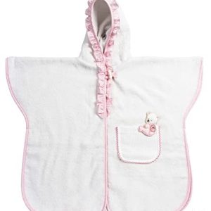 Filet Badponcho med kupa för spädbarn och flickor upp till 2 år, badklänning huva av bomullstussläder, väska från Aida broderi, tillverkad i Italien, en storlek, vit rosa 8055727212726