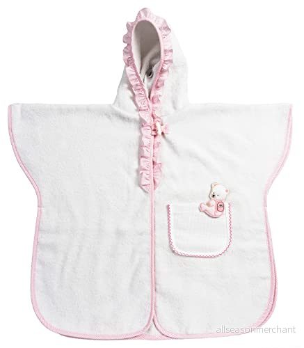 Filet Badponcho med kupa för spädbarn och flickor upp till 2 år, badklänning huva av bomullstussläder, väska från Aida broderi, tillverkad i Italien, en storlek, vit rosa 8055727212726