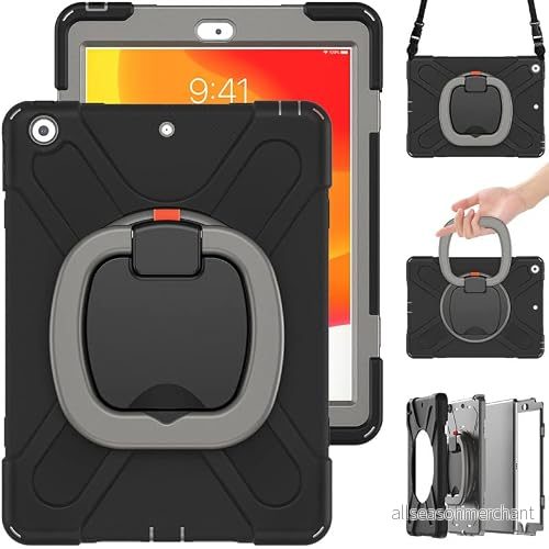 Commute Case för iPad Pro 12.9 2021, tungt stabilt stötsäkert barnfodral med skärmskydd 3 i 1 stötsäker stötfångare 360 ringhållare, stativ, bärrem (svart + grå) 755985019355