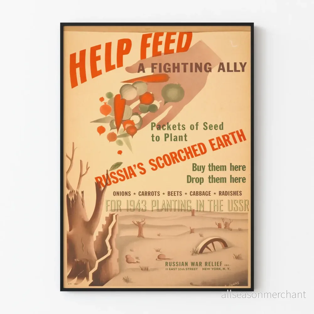 Vintageaffisch med jordbruksstöd från Ryssland 1943, väggdekoration