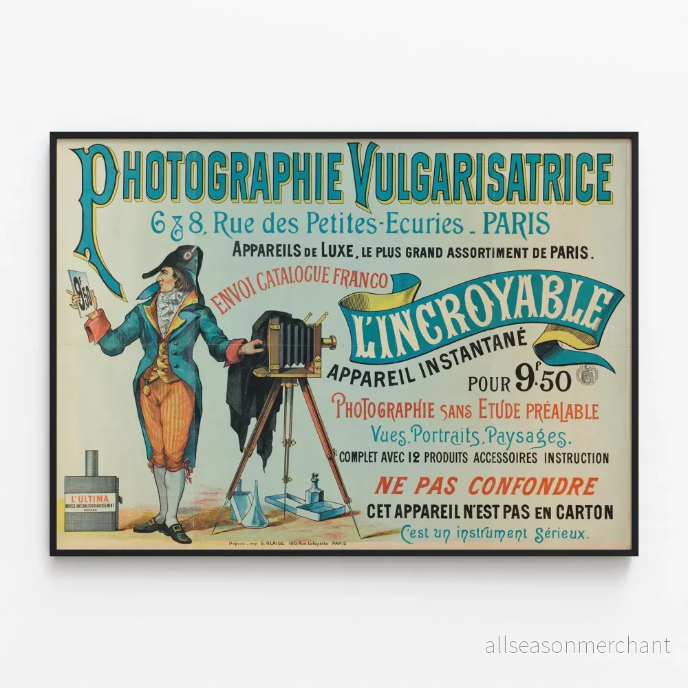Vintageposter av fotografi Vulgarisatrice, gammal kamera
