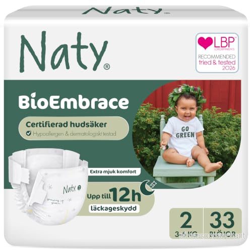 Naty BioEmbrace Blöjor för nyfödda Certifierad hudvänlig Läckageskydd upp till 100% Växtbaserad mjukhet Klorfri Storlek 2 (36 kg), 33 st 7330933000208