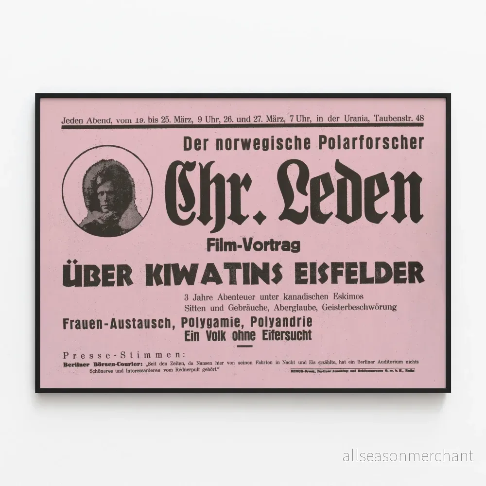Vintageposter för film- och konferensföreläsning av den polare forskaren Chr. Leden om Kanadas isfält
