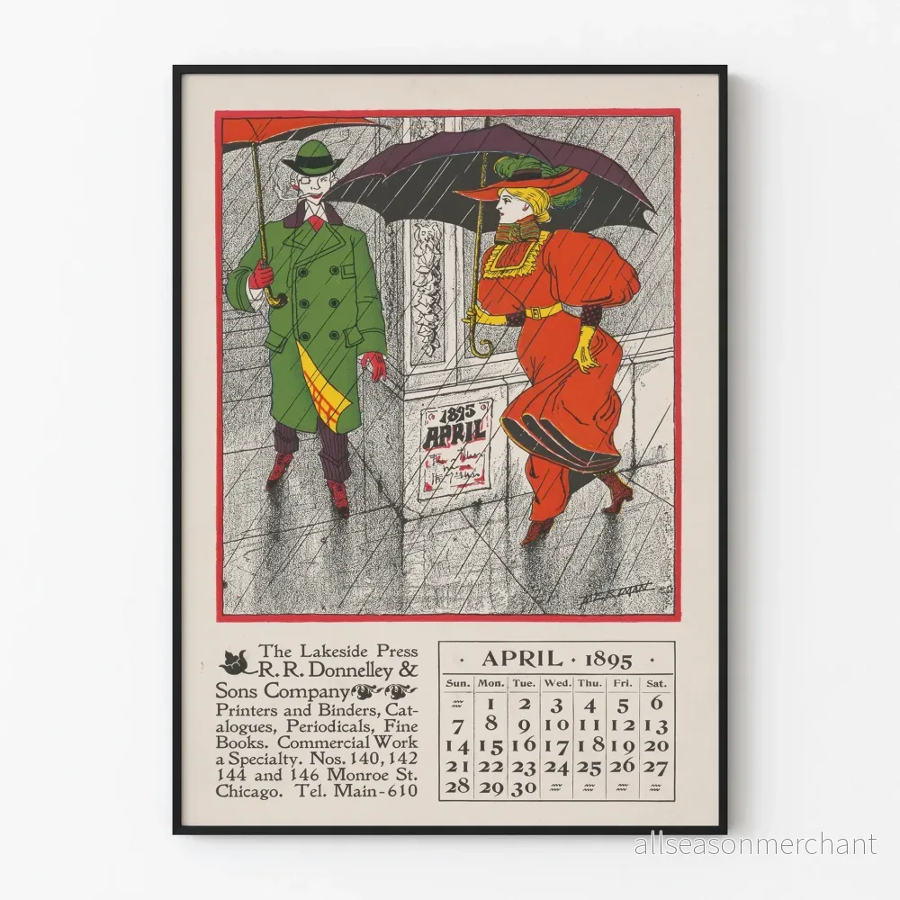 Vintage väggposter 1895 kalender april med regnvädersillustration