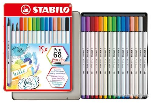 Premium fiberpenna STABILO Pen 68 brush etui med 15 blandade färger 4006381554343