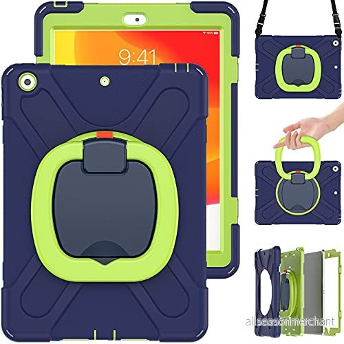 Commute Case för iPad 9.7 2017/2018, tungt stabilt stötsäkert barnfodral med skärmskydd 3 i 1 stötsäker stötfångare 360 ringhållare, stativ, bärrem (marin + grön) 755985020979