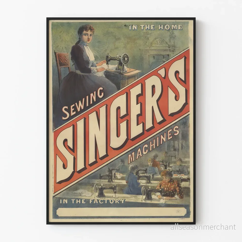 Vintage affisch med Singer symaskiner väggdekoration