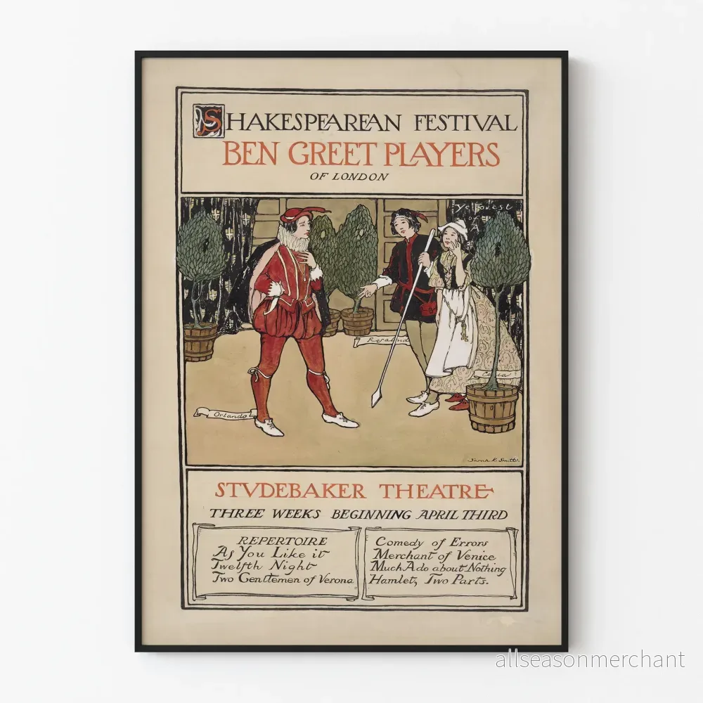 Vintageposter för Shakespearefestivalen Ben Greet Players Teater Studebaker