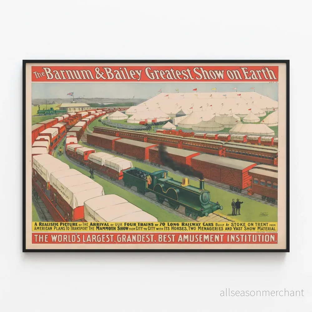 Vintageposter Barnum & Bailey Greatest Show på jorden, ankomst av de fyra tågen