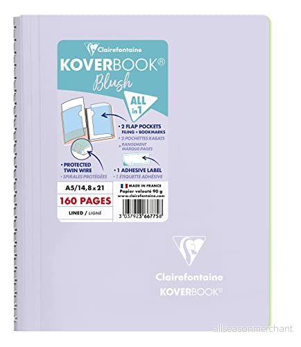 Clairefontaine Ref 366775C Koverbook Blush trådbunden anteckningsbok (80 ark) A5 storlek, fodrad linjering, 90 gsm borstat velumpapper, pastell polypro skydd lila 3037923667758
