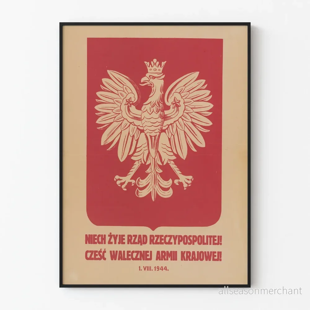 Polsk patriotisk poster med krönt örn och historisk text