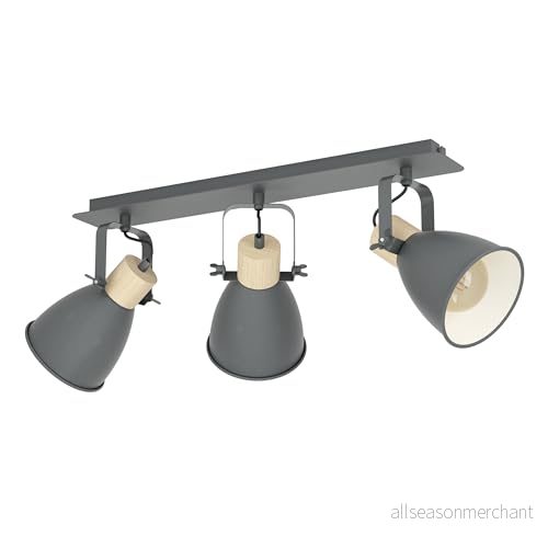 Eglo Coswarth taklampa, vintage lampa med tre lampor, takstrålkastare i industriell stil av stål och trä, antracit, kräm vit, naturlig, E27-uttag, FSC-certifierad 9008606299966