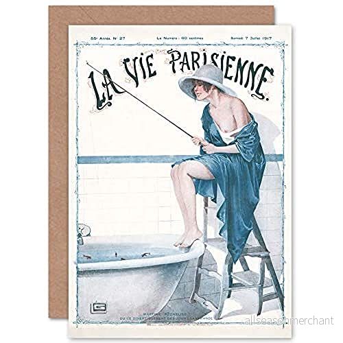 Artery8 La Vie Parisienne fiske i bad tidning omslag förseglat gratulationskort plus kuvert tom insida 5059360953612