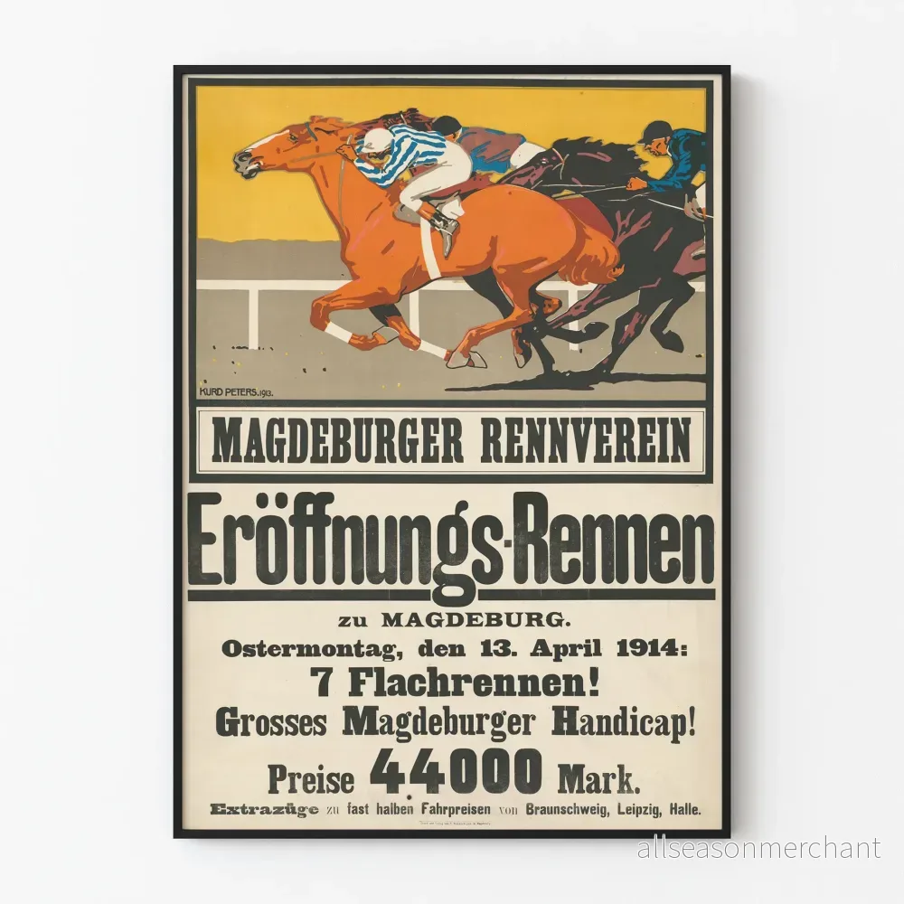 Vintageaffisch för hästkapplöpning Magdeburger Rennverein 1914