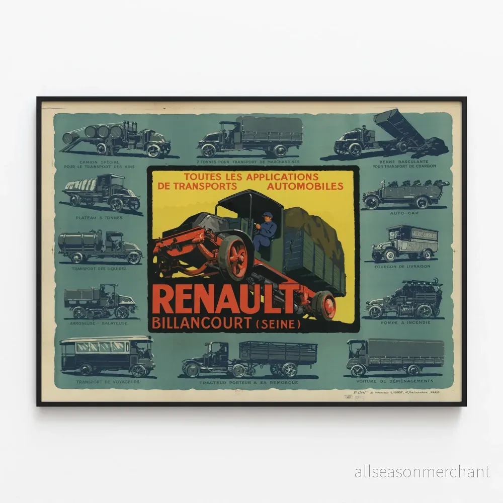 Vintage Renault Billancourt poster för alla transportapplikationer inom bilindustrin