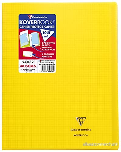 Clairefontaine 984606C en förpackning med 10 gula Koverbook häftade anteckningsböcker 24 x 32 cm 48 små rutor marginal 90 g vitt papper polyproomslag 3665086010403