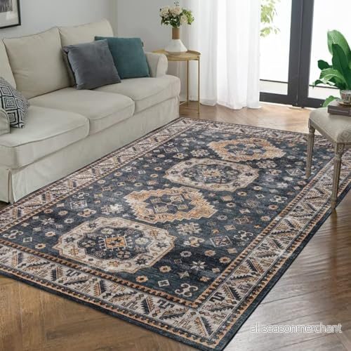 Auton vintage vardagsrumsmatta, mjuk tvättbar orientalisk traditionell bondgårdsmatta i använd look för sovrum interiör accentmatta hemmakontor heminredning marinblå 60 x 230 cm 198290812080
