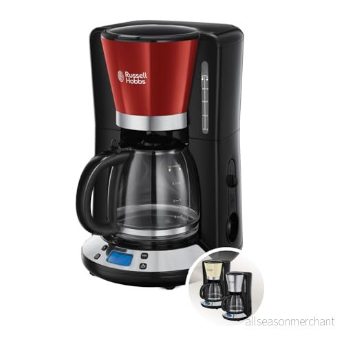 Russell Hobbs kaffebryggare, digital programmerbar timer, 1.25l glaskanna, upp till 10 koppar, varmhållningsfunktion, automatisk avstängning, 1100W, filterkaffe, röd, Colors Plus 24031 56 4008496974290