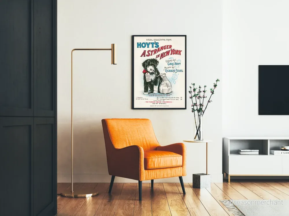 Vintageposter A Stranger in New York med svartvit valp