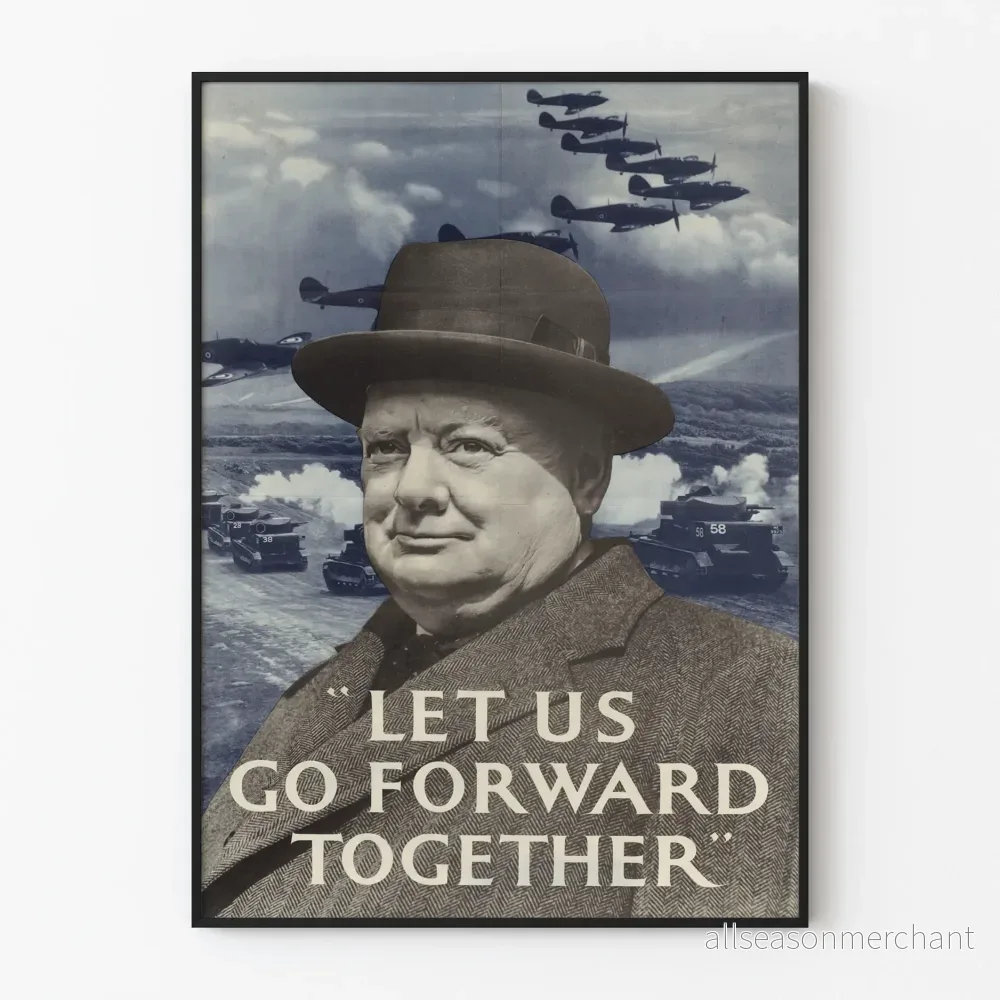 Vintage propagandaposter för militär propaganda "Låt oss gå framåt tillsammans" med porträtt av en man i hatt