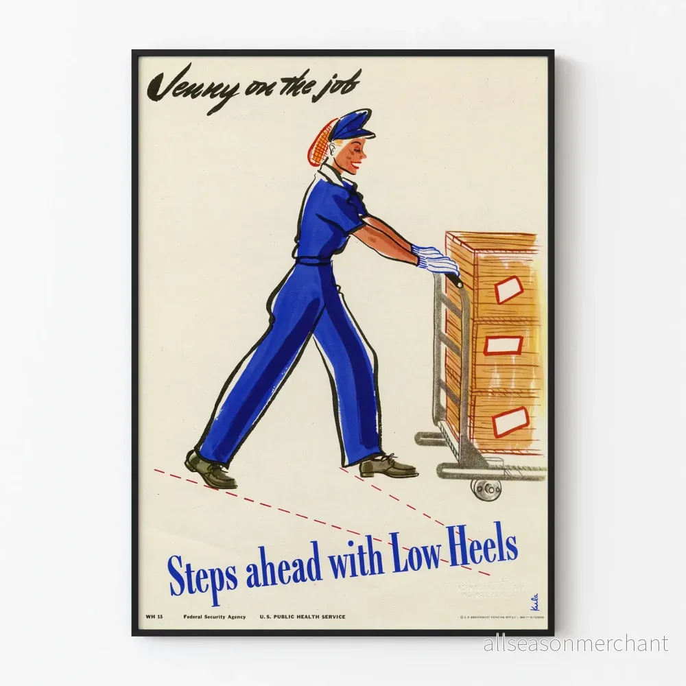 Vintageposter Jenny på jobbet med lågklackade skor