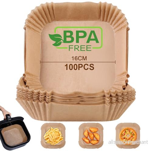AiQInu Bakplåtspapper för varmluftsfritös, 100 stycken 16 cm BPA fritt luftfrys, bakpapper, rektangulär, vattentät, oljebeständigt pergamentpapper, foder, luftfryer tillbehör, 716203457366