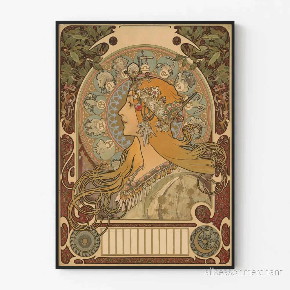Dekorativ poster Art Nouveau kvinna och astrologiska tecken