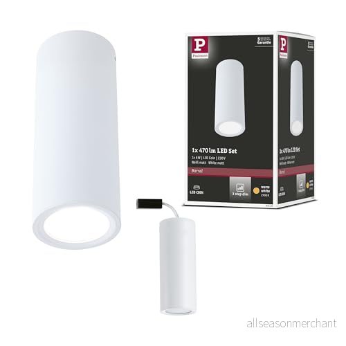 Paulmann 93105 LED plafond Barrel rund 6W 470 lm Dimbar 100 3 stegsdimmer 60 mm Matt vit Metall 2700K Utanpåliggande belysning inkl utbytbar coin 4000870931059